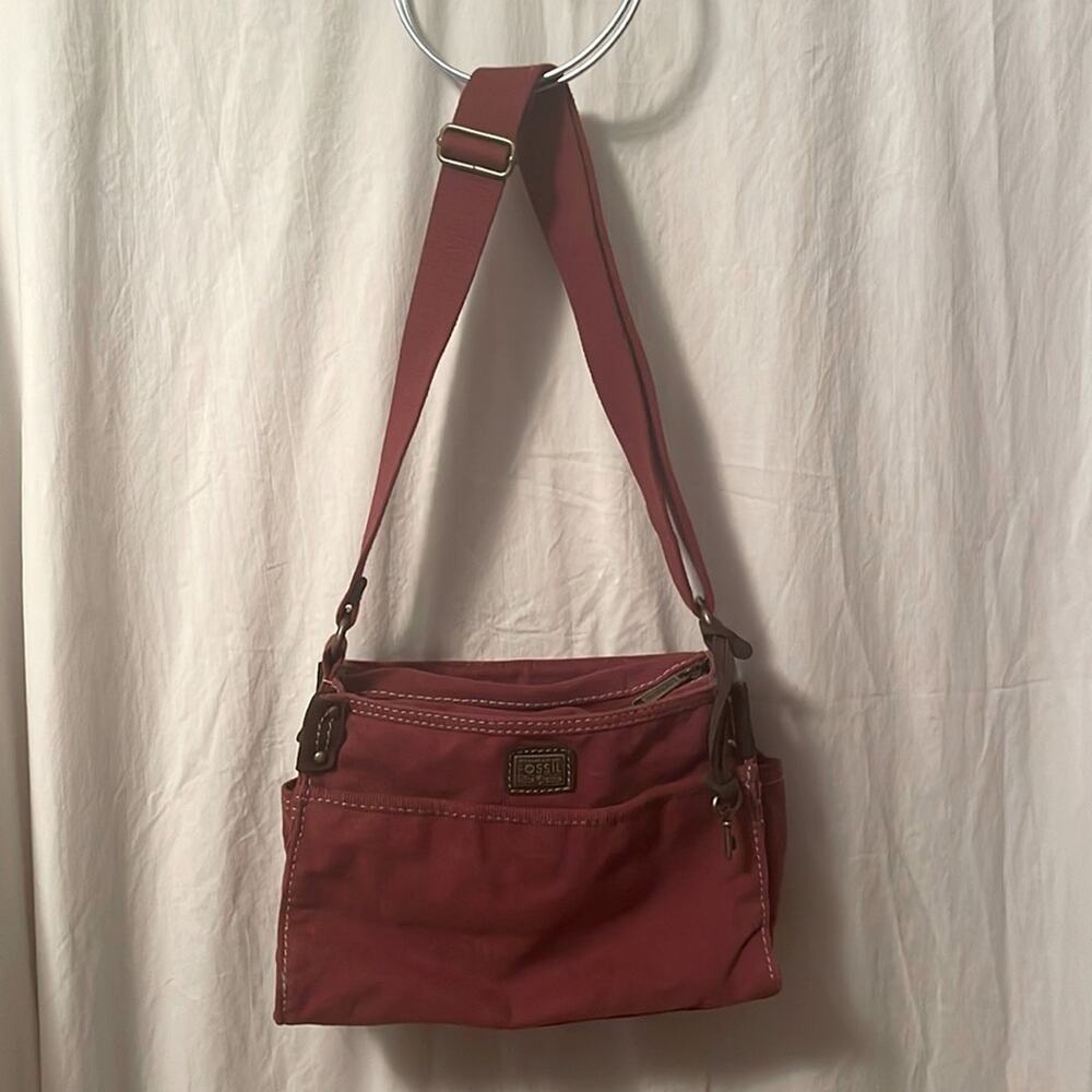 Vintage Fossil Shoulder Bag Purse in Burgundy Canvas & Fossil Key Charm